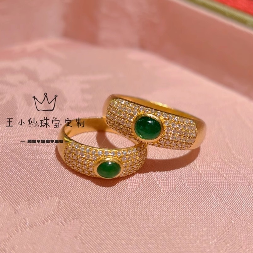 足金999古法金莫桑石情侣对戒天然阳绿蛋面缅甸A货老钱风奶奶戒指
