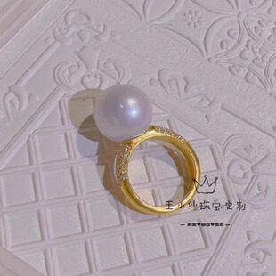 足金999天然淡水珍珠正圆无暇15mm掌上明珠莫桑石黄金戒指女整圈