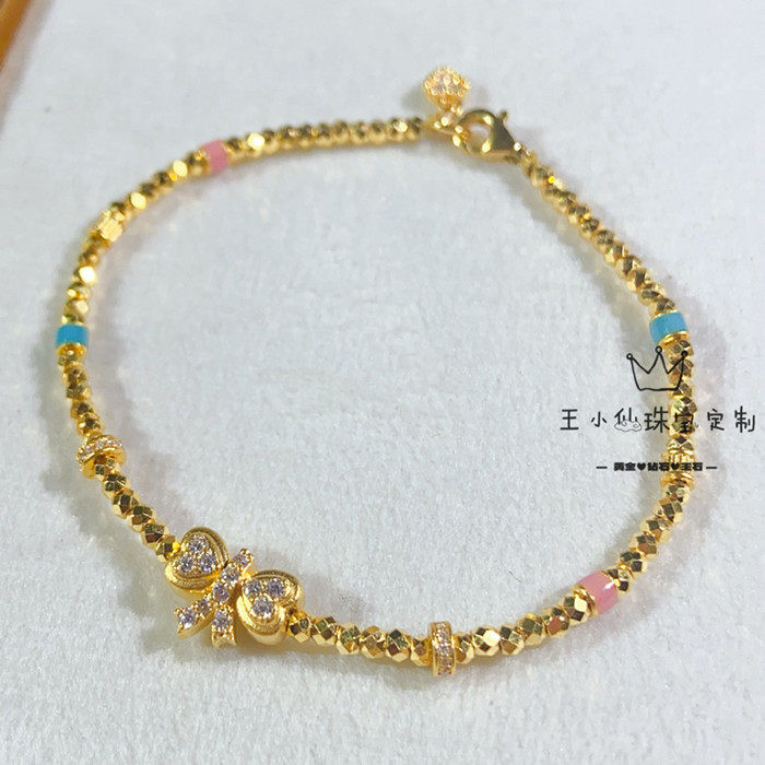 足金点钻工艺莫桑石蝴蝶结小爱心搭配5G工艺2mm镭射珠蹦迪珠手串