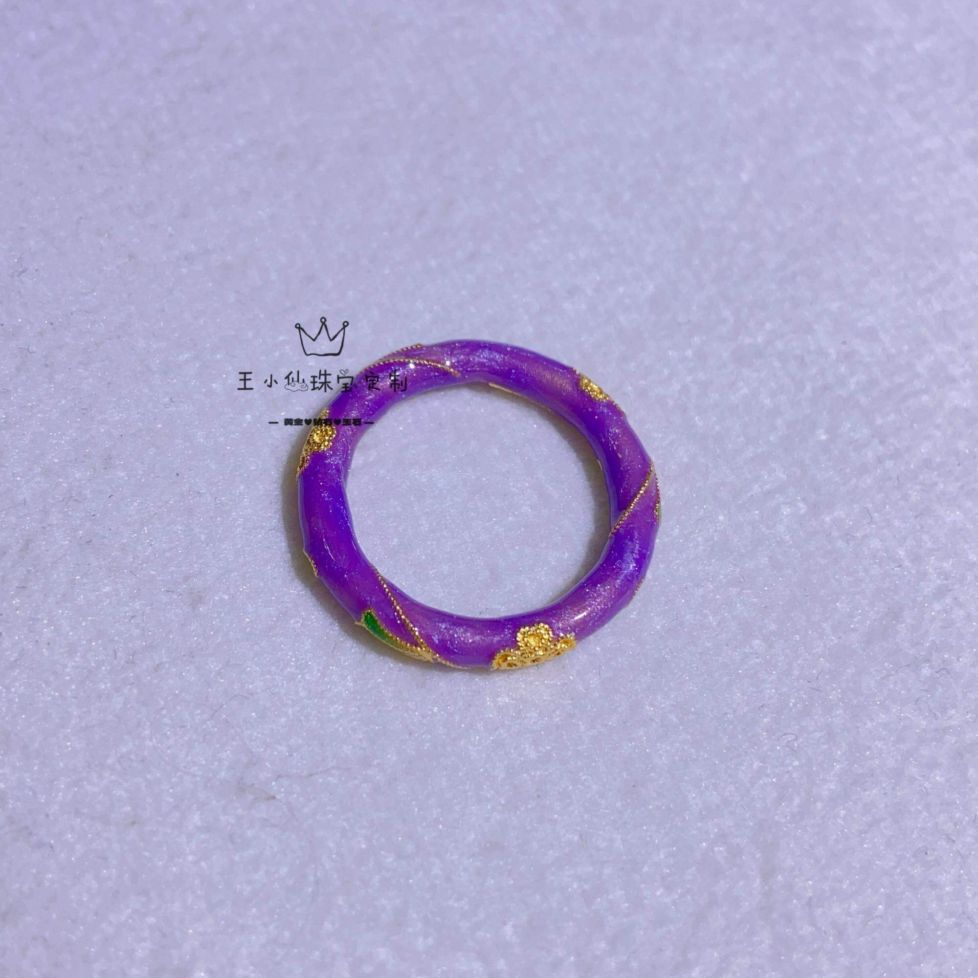 足金传承古法金银杏叶四叶草珐琅彩黄金戒指女士指环