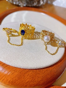 999足金 精品工艺 锆石蓝宝宫廷风 巴洛克镂空蕾丝 黄金链条戒指