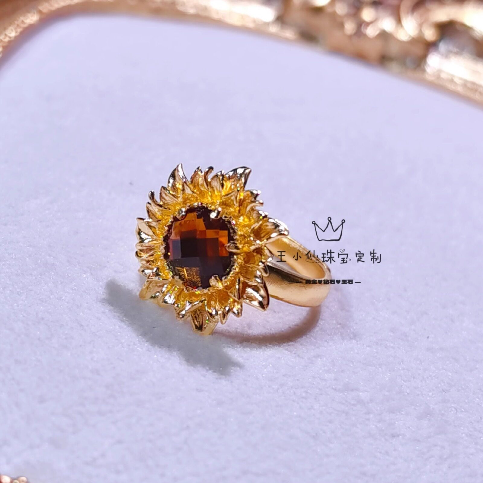 足金手工古法金向日葵人造宝石黄金开口戒指女士金戒指指环