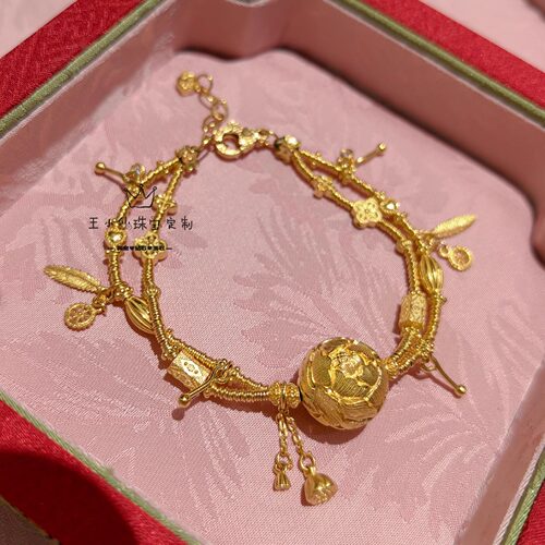 足金999手工古法金錾刻金14mm牡丹花珠老钱风双层手串女1.6mm金圈