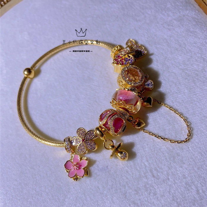 足金精品点钻工艺梦粉桃心花花黄金仙哆啦DIY硬金手镯女士套镯