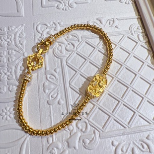 足金999古法金点钻工艺莫桑石马上有钱宝相花算盘珠3mm黄金手链女