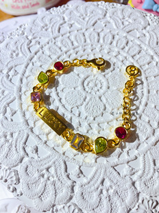 999足金手工金中国风人造宝石DIY字母牌lucky幸运数字黄金手链