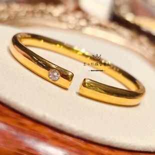 足金999手工古法金50分莫桑石开口镜面轻奢风实心手镯情侣