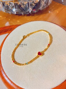 999足金烧蓝小红心5g工艺镭射蹦迪珠2mm金珠手链龙虾扣女士手链