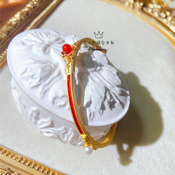 足金传承古法金婚嫁系列十里红妆天然淡水珍珠莲花实心黄金手镯