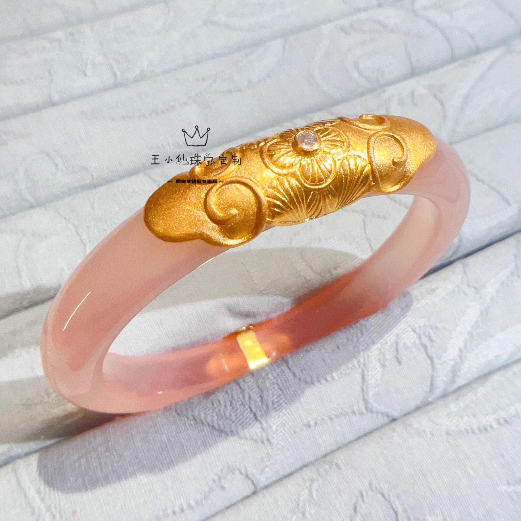 足金999传承古法金黄金花片手镯修复四叶草四方花花丝如意莫桑石