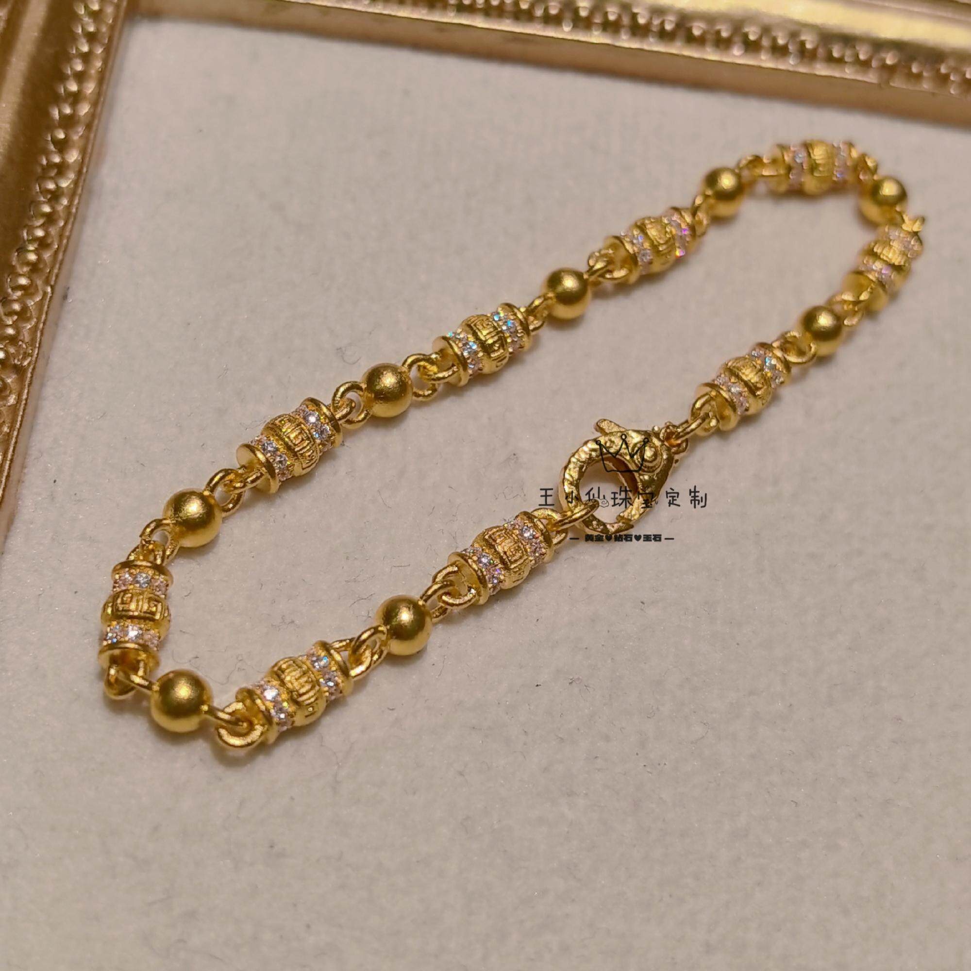 足金999传承古法金点钻工艺莫桑石回纹桶珠黄金女士手链