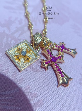 足金999手工古法金点钻工艺钻石镶嵌粉蓝色宝石双十字架方牌项链