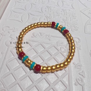 足金999传承古法金老钱风5mm苹果珠红蓝文玩配珠弹力绳黄金手串女