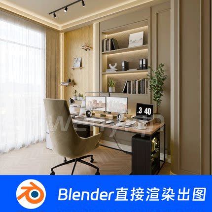 现在书房书桌电脑书柜电竞椅房间Blender场景模型1727
