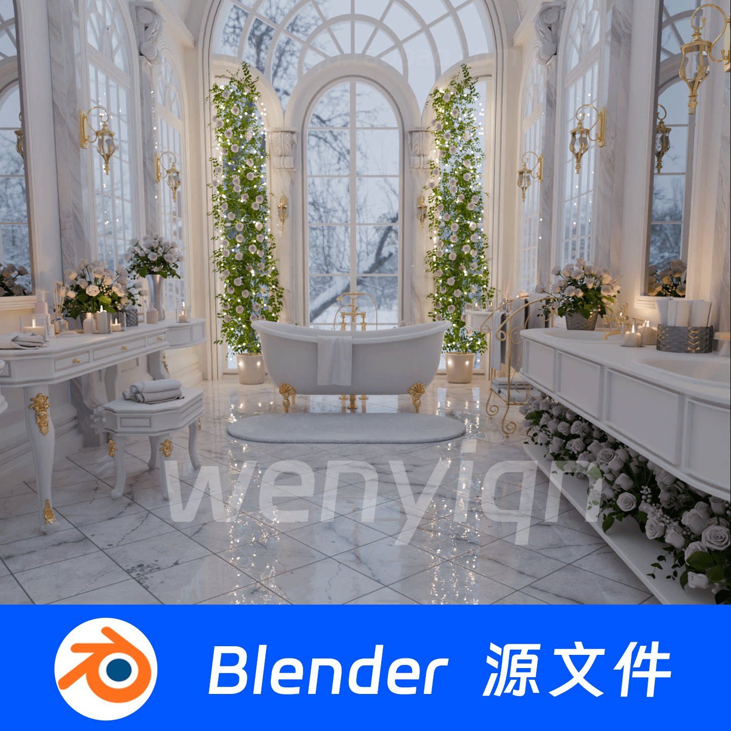 豪华浴室浴缸洗手间洗手台镜子酒店别墅玫瑰Blender场景模型2526