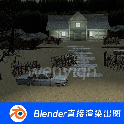 森林恐怖黑暗建筑破旧屋子野外万圣节枯树Blender场景模型1554