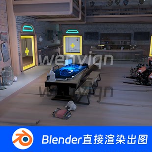 次世代木屋酒馆酒吧大厅废土风会议室Blender场景模型1168