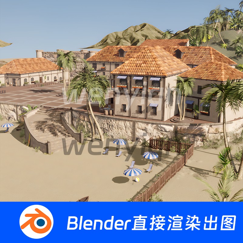 海滨城市沙滩大海海边别墅度假村Blender场景模型1172