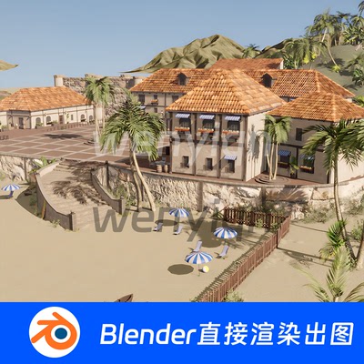 海滨城市沙滩大海海边别墅度假村Blender场景模型1172