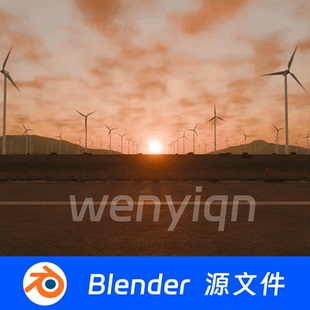 风力发电风车夕阳日落草地发电机Blender场景模型2551