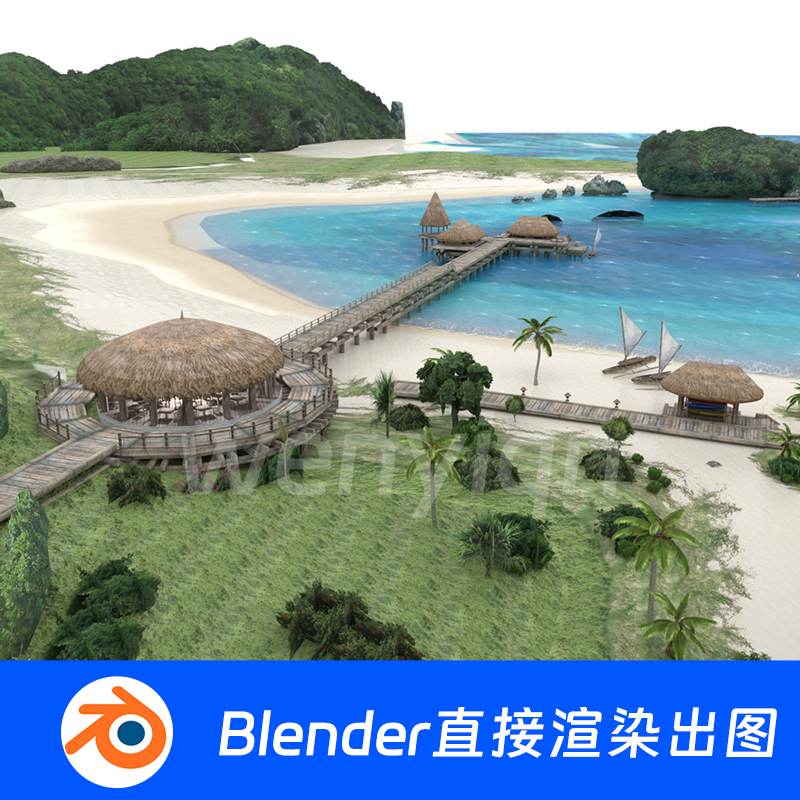 海岛茅草屋大海椰树海水海洋度假村小岛沙滩Blender场景模型1551