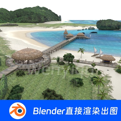 海岛茅草屋大海椰树海水海洋度假村小岛沙滩Blender场景模型1551