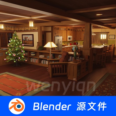 复古房间客厅卧室美式别墅圣诞树厨房Blender场景模型2415