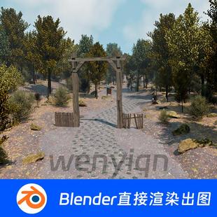 森林小路植物小道鹅卵石木屋牌坊树林凉亭Blender场景模型1537
