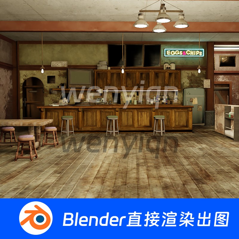 西部小镇酒吧咖啡厅次世代房间房子复古Blender场景模型1320