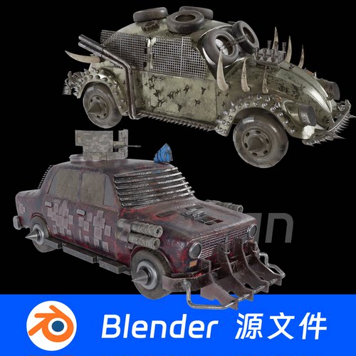 末日风废墟汽车赛博朋克废弃轮胎报废车Blender场景模型2339