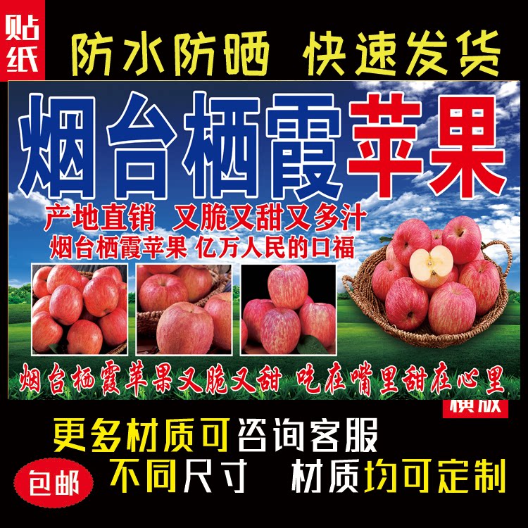 户外烟台栖霞苹果海报贴纸防水防晒自粘摆摊小吃车广告布贴画2429