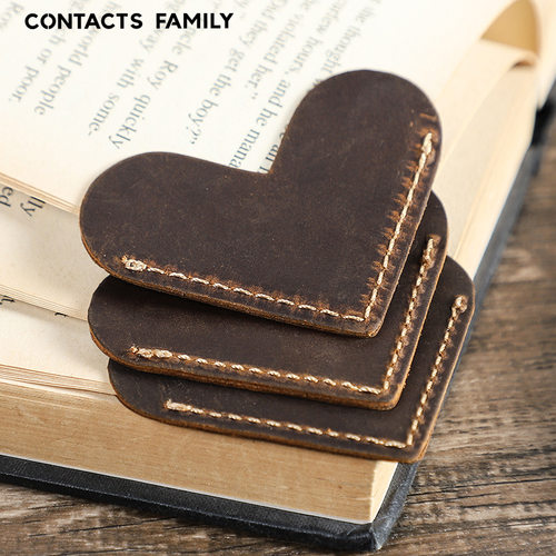 复古牛皮真皮质疯马皮爱心形书签