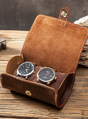 复古疯马牛皮真皮质手表收纳盒包搭扣圆桶型情侣表两只装旅行便捷