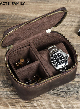 复古疯马牛皮质真皮手表收纳盒手工制作袖扣双拉链二合一旅行便携