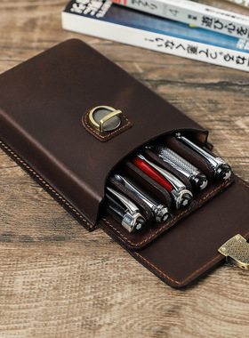 复古全粒面牛皮真皮质可拆卸笔袋5支装手工制学生钢笔收纳盒便携