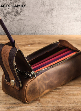 真皮质复古笔袋疯马牛皮手提双拉链大容量写生素描铅笔收纳文具盒