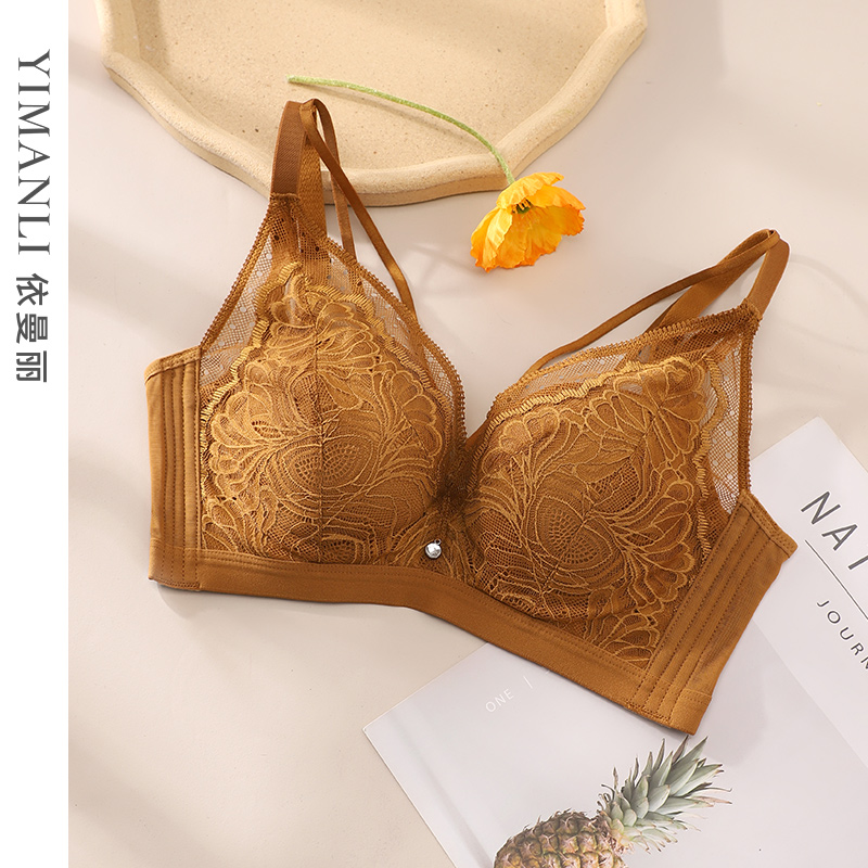 依曼丽内衣女品牌专柜正品大胸显小聚拢上托侧收副乳蕾丝文胸套装