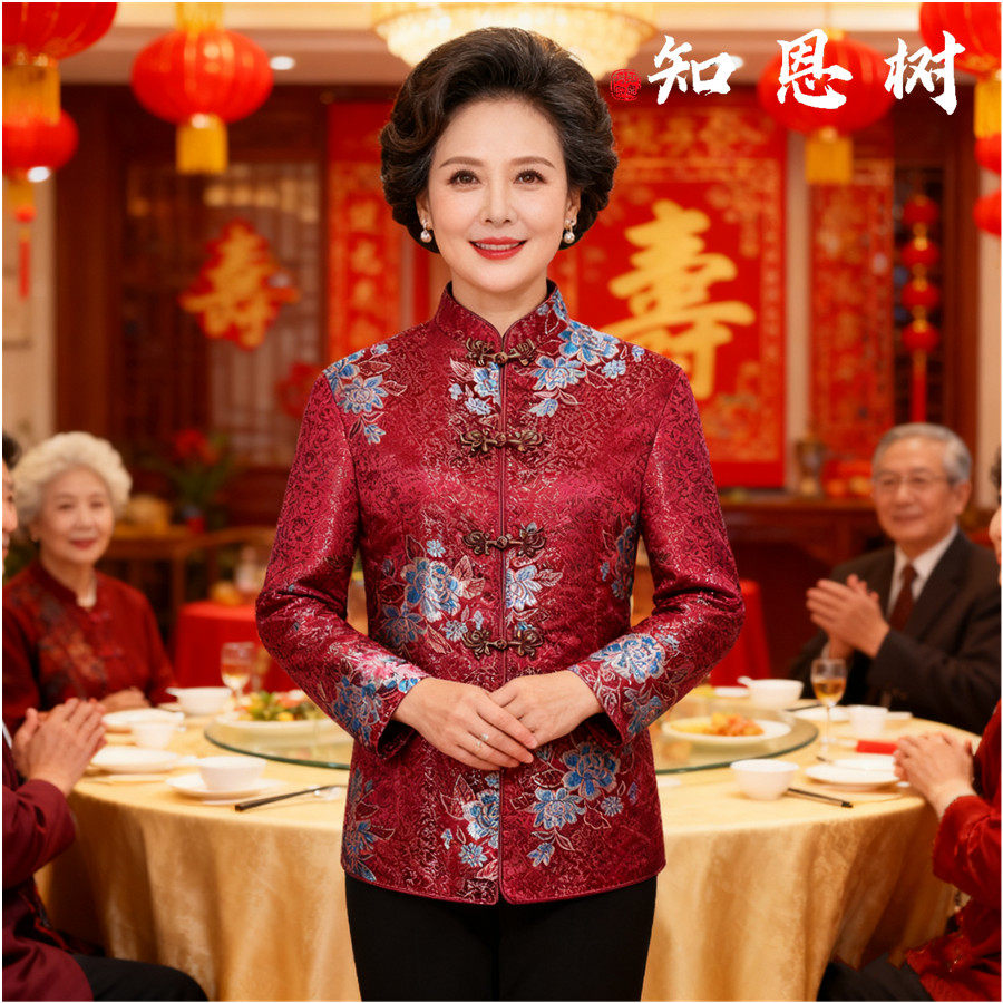 妈妈国风唐装外套棉袄织锦缎桑蚕丝绸缎上衣真丝婚宴中老年套装