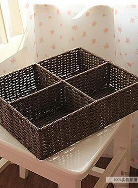 四格分类收纳筐零食收纳盒化妆品收纳盒日式手工编织储物筐包邮