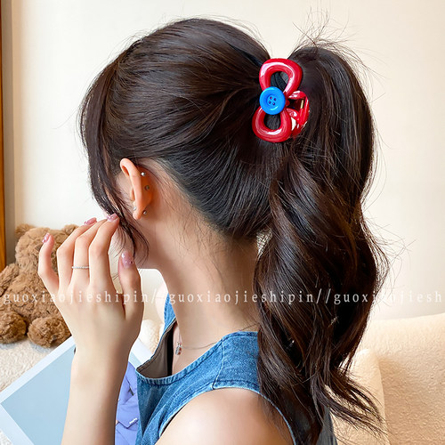 安可拉红蝴蝶结纽扣抓夹