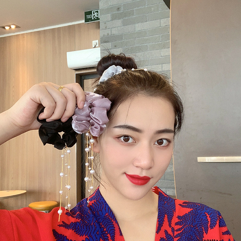 网红甜美珍珠流苏发圈扎头发皮筋绑丸子头发绳盘马尾头绳肠圈头饰