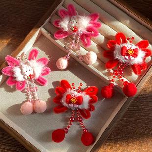 儿童新年流苏发夹红色蝴蝶结毛绒顶夹小女孩绒花对夹宝宝过年发饰