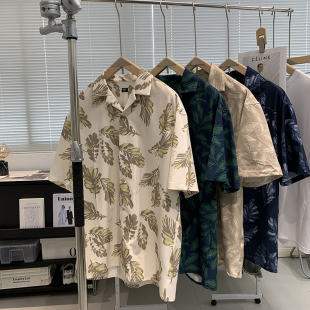 度假风 UPF50 同款 男女衬衣潮 树叶印花古巴领短袖 衬衫 夏季 小U