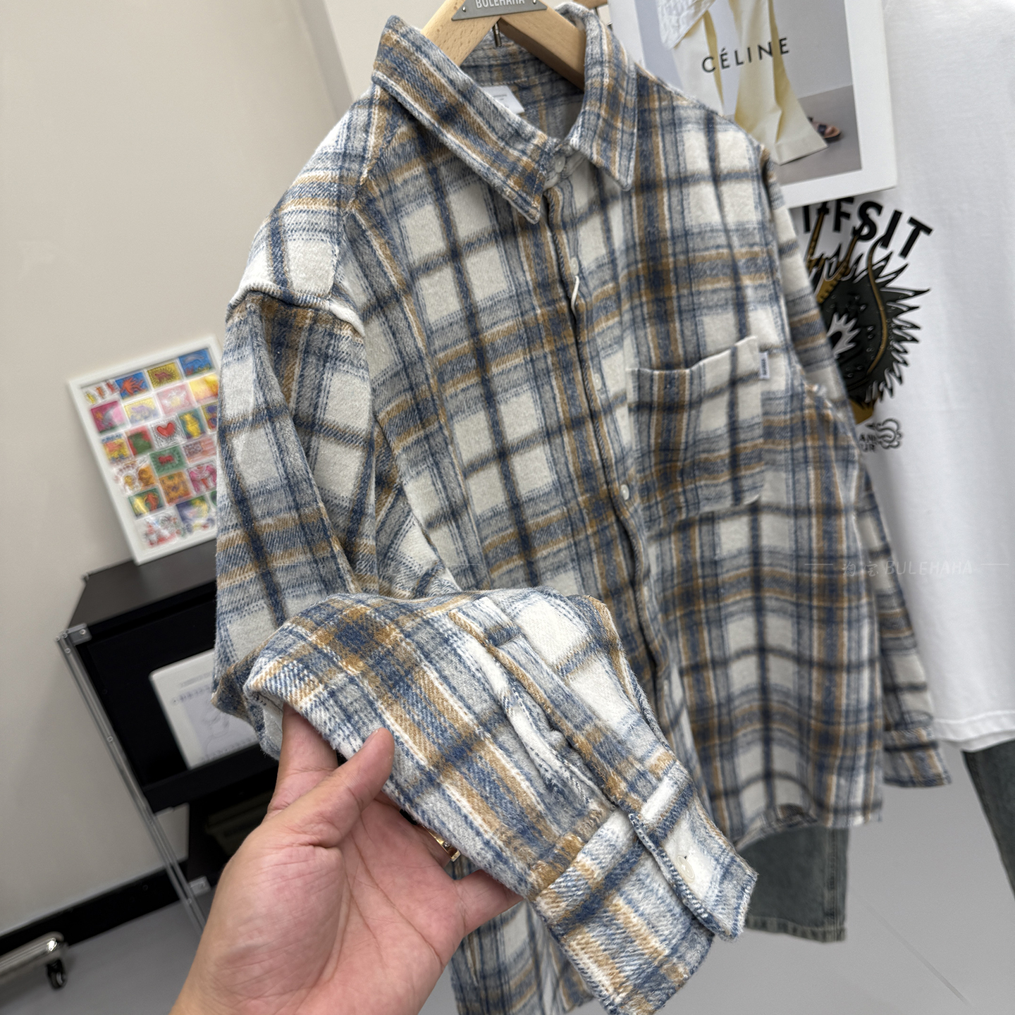 温暖有厚度宽松休闲格子长袖衬衫