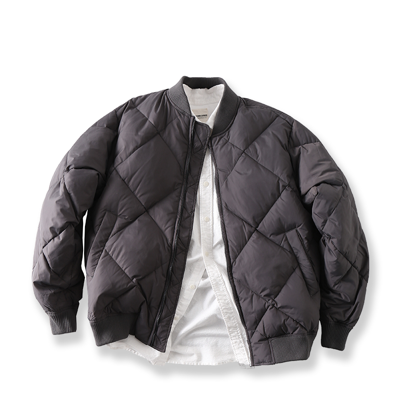 菱形格复古休闲棒球领防水羽绒服