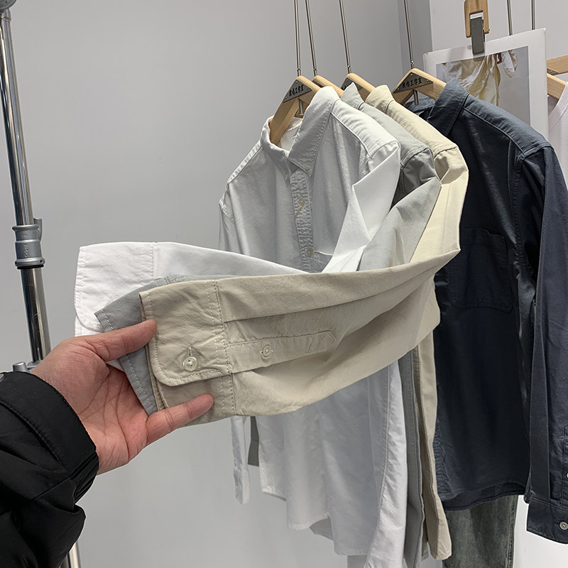 翻领100%棉日系休闲长袖衬衫男潮