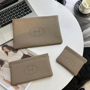 H字母真皮手拿包头层牛皮荔枝纹零钱包长款钱夹多色化妆收纳招财