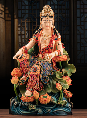 黄铜彩绘九品莲花自在观音佛像