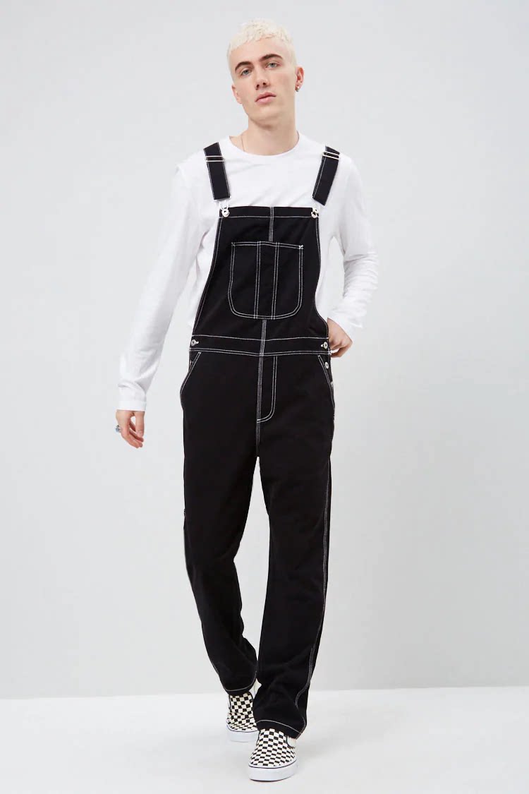 外贸大码男式纯棉黑色白线背带连体裤男装秋冬厚款宽松高腰工装裤