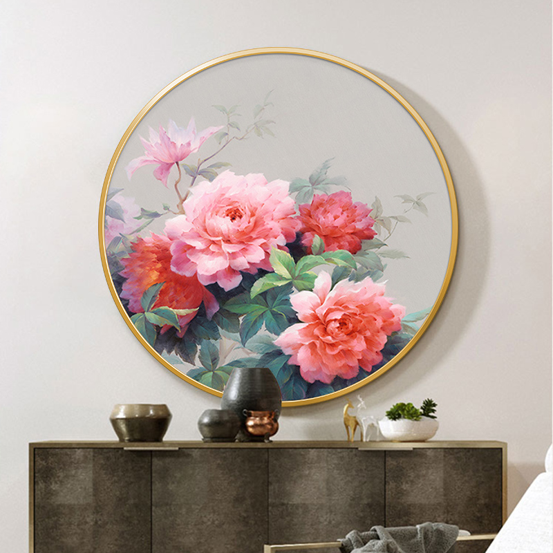 手绘油画新中式圆形花开富贵牡丹入户进门玄关装饰画客厅花鸟挂画图片